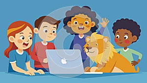 Huddled together in front of a laptop a group of children squeal as they use their computer mouse to pet a virtual lion photo