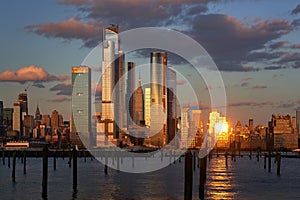 Hudson Yards skyscrapers at Sunset. Manhattan Midtown West cityscape from across the Hudson River, New York City, NY, USA