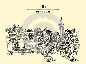 Hue, Vietnam, Indochina. Tomb of Khai Dinh emperor. Sculptures of warriors, trees, traditional architecture. Vintage touristic