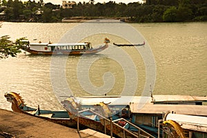 Hue, Vietnam, the perfume river. Tourist dragon boats.