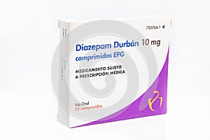 Huelva, Spain - July 23, 2020: Spanish Box of Diazepam brand Durban. Diazepam, first marketed as Valium, is a medicine of the