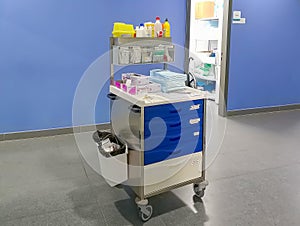 Huelva, Spain - June 6, 2020: Medical supply and medical instrument stuff on a trolley in  in the corridor of a hospital