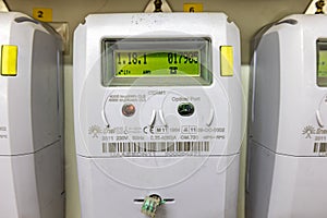 Huelva, Spain - March 6, 2022: Close-up of modern smart residential digital power supply meters from the Spanish company Endesa