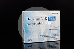Huelva, Spain - November 26, 2020: Spanish Box of Diazepam brand VIR. Diazepam, first marketed as Valium, is a medicine of the