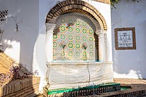 Huelva, Spain - September 8, 2020: Foutain in the Gardens of sanctuary Virgen de la Cinta, patron virgin of huelva since 1586.