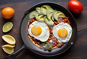 huevos rancheros with fried eggs with beans and avocado on a black pan