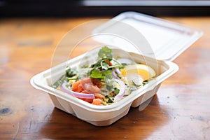 huevos rancheros packed as a to-go meal, biodegradable container