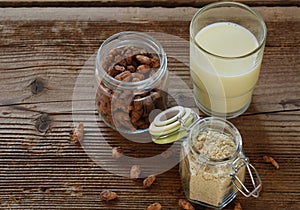 Ð¡hufa milk and tigernut flour. Alternative type of milks. Vegan non-dairy milk. Lactose-Free Milk and Nondairy Beverages. Lactose