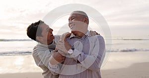 Hug, beach and senior couple with love, sunset and happiness with retirement, quality time and marriage. Romance, happy