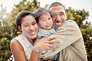 Hug, child and parents with smile in a park for love, care and adventure on a holiday in Maldives. Happy, travel and