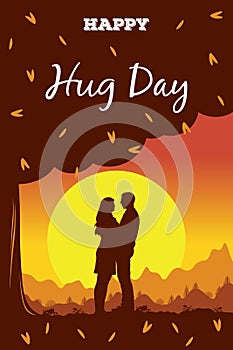 Hug Day cards with the silhouette of a couple on background sunset landscape with a mountains and a sun. Man and woman stand in an