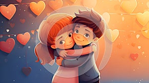 Hug day illustration showing heartwarming embrace, children's tender connection. Sibling love, gentle hug amidst hearts.