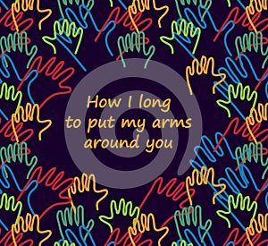 Hug doodles lines hands card with love sign