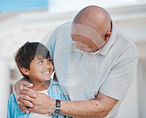 Hug, elderly man and boy child with smile, love and care for quality time and relax outside family home. Bond