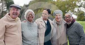 Hug, face and a caregiver with people in nature for bonding, conversation and a joke. Laughing, portrait and a nurse