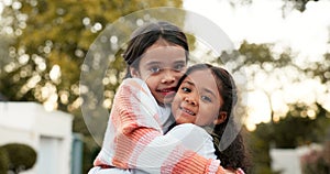 Hug, face and sisters outdoor, happiness and cheerful with bonding, Colombia and loving together. Portrait, female