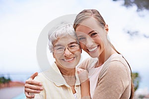 Hug, family and portrait of senior mother with daughter embrace for bonding, relationship and love. Happy, retirement