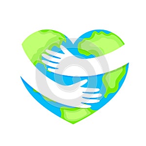 Hug the globe heart shape. Happy Earth day concept.