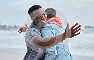 Hug, greeting and friends at the beach happy, excited and embracing on nature, mockup and background. Men, hello and