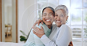 Hug, happy and portrait of mother and daughter in home for bonding, relationship and smile together. Family, love and