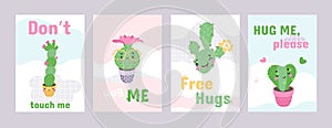 Hug me cards. Free hugs, sweet cactus characters love printable posters. Funny cacti covers design, cartoon plants and