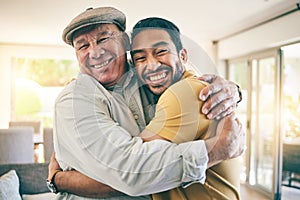 Hug, portrait and man with his senior father for bonding, love and care in the family home. Smile, happy and excited