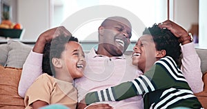Hug, relax and laughing African family conversation, funny discussion and young children listening to dad joke humour at