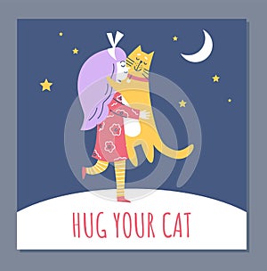 Hug your pet the concept of banner or card with child, flat vector illustration.