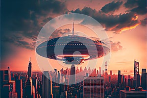 Huge Alien UFO spaceship above a modern city flying saucer