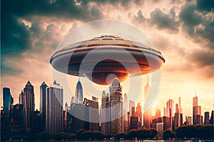 Huge Alien UFO spaceship above a modern city flying saucer