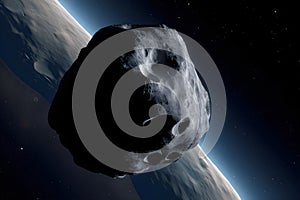 Huge asteroid in space image threatening planet earth, sci-fi fantasy closeup, generative AI.