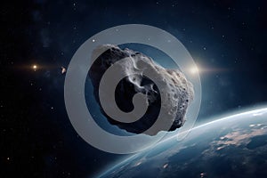 Huge asteroid in space image threatening planet earth, sci-fi fantasy closeup, generative AI.