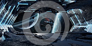 Huge asteroid spaceship interior 3D rendering elements of this i