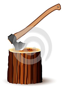 A huge ax with a comfortable wooden handle and a sharp blade. Stuck in the stump. Tool for the work of the builder and