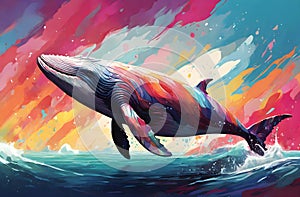 A huge Baleen Whale swims across the ocean