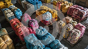 Huge bales of colorful fibers sit on pallets waiting to be untangled carded and fed into the spinning machines photo
