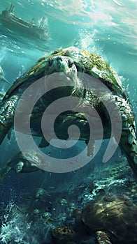 Huge big sea turtle swimming underwater, vertical, World aquatic animal day