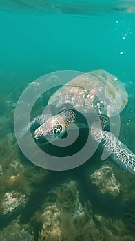 Huge big sea turtle swimming underwater, vertical, World aquatic animal day