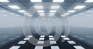 Huge Black And White Empty Room With Square Lights On Ceiling An