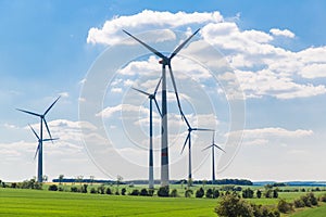 The huge blades of a wind power generator. Wind turbines at  countryside of germany