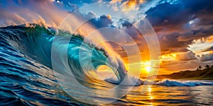 Huge blue wave cresting under a golden sunset