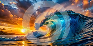 Huge blue wave cresting under a golden sunset
