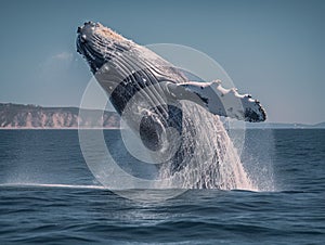 A huge blue whale jumps above sea level