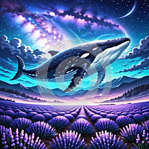 huge blue whale swims in the night starry sky through space over a lavender field