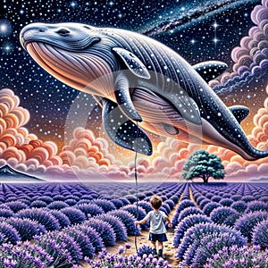 huge blue whale swims in the night starry sky through space over a lavender field and a boy running through flowers holding a kite