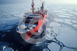 A huge boat floats on top of the frozen water, covered in ice, Icebreaker ship making its way through the frozen Arctic Ocean, AI