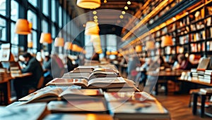 Huge bookshop, with books on counters and shelves. Background out of focus photo