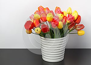 Huge bouquet of yellow and red tulips standing in a white large vase on a dark table against the background of a white wall