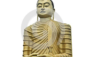 Huge buddha gold statue with a disdainful sight isolated on white closeup