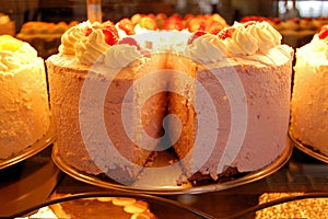 Huge cakes with icing in German bakery